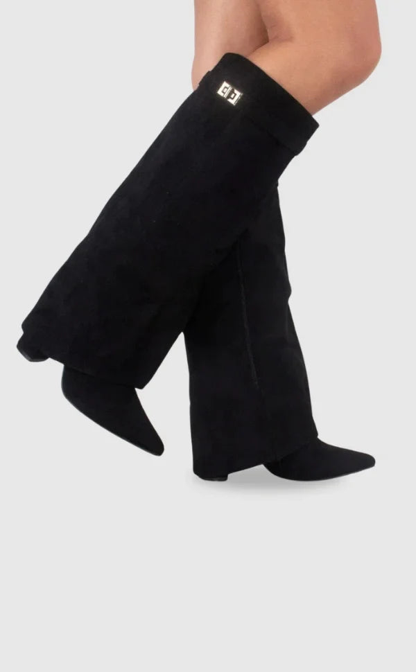 Women's Knee High Boots with Fold Over Design and Block Heel