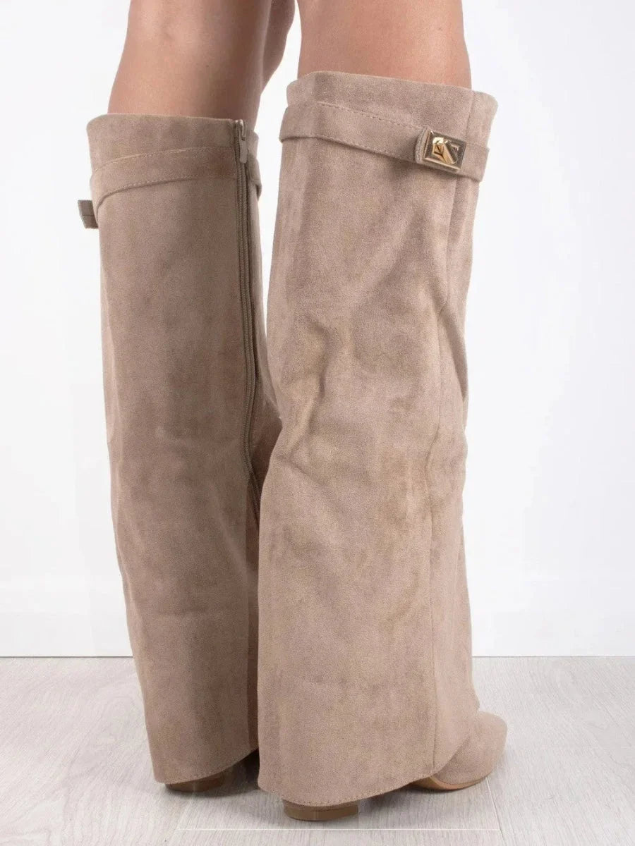 Women's Knee High Boots with Fold Over Design and Block Heel