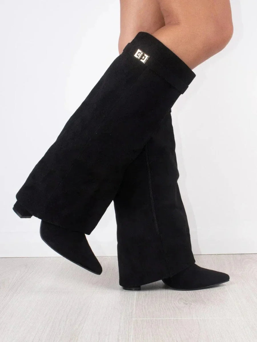 Women's Knee High Boots with Fold Over Design and Block Heel