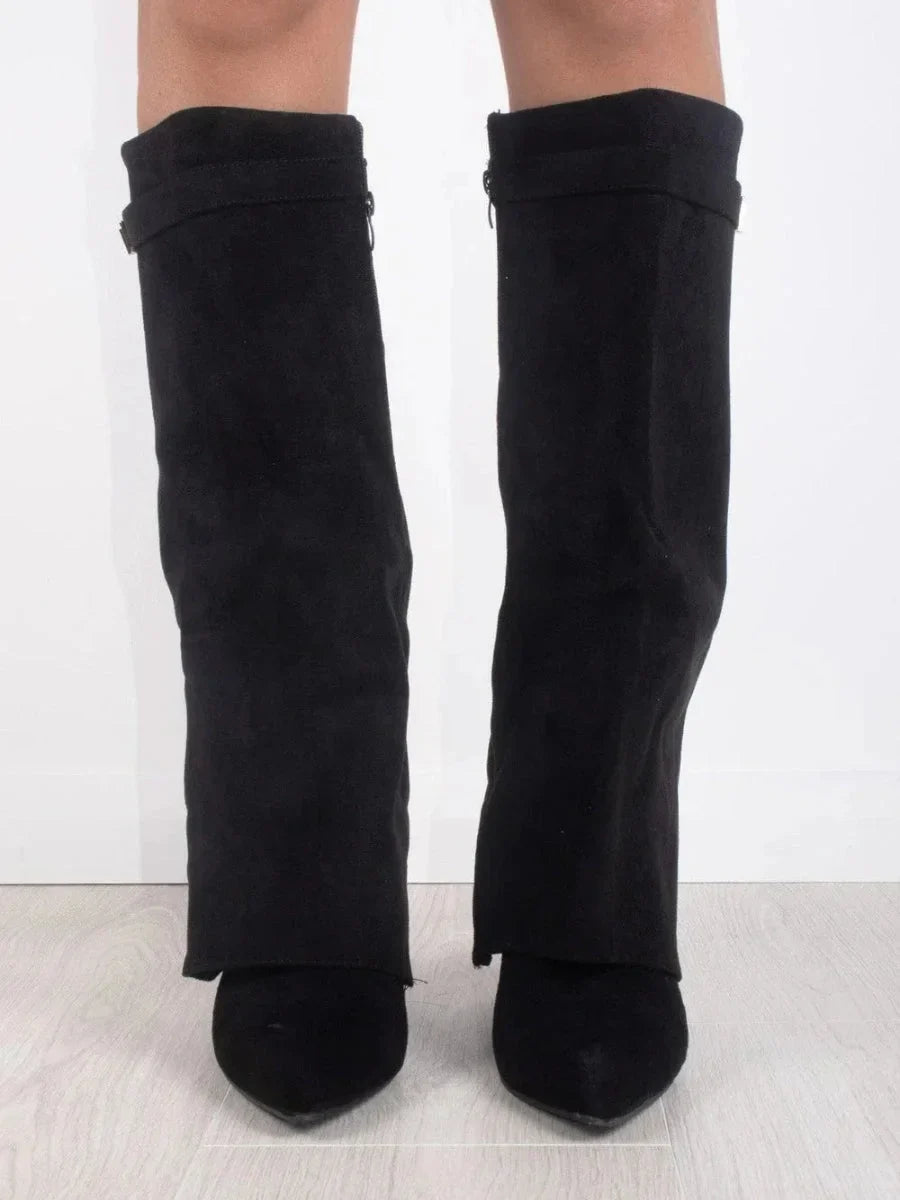 Women's Knee High Boots with Fold Over Design and Block Heel