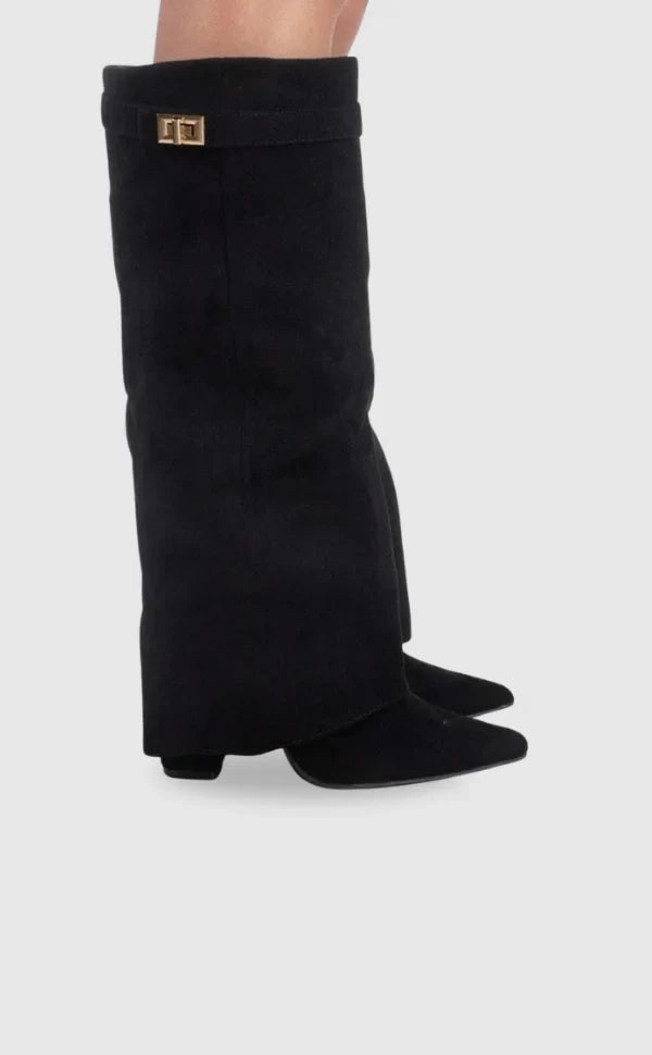 Women's Knee High Boots with Fold Over Design and Block Heel