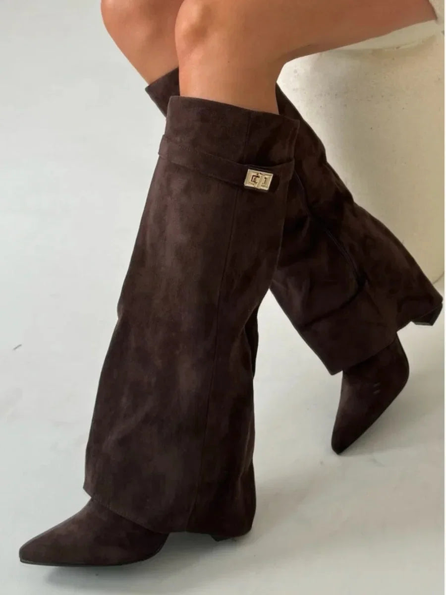 Women's Knee High Boots with Fold Over Design and Block Heel