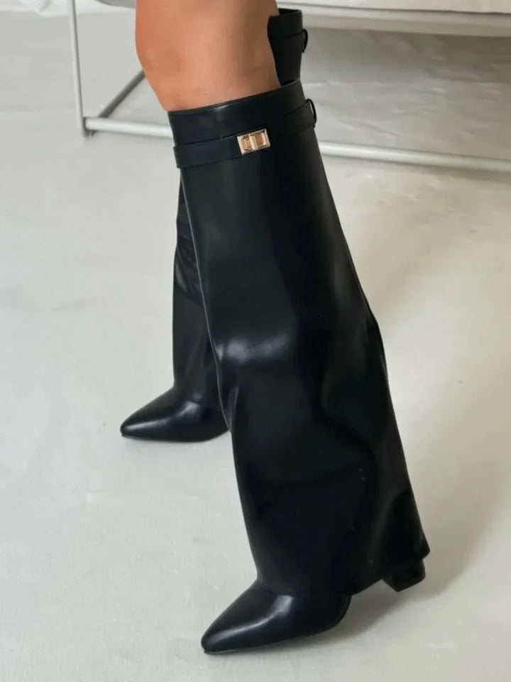 Women's Knee High Boots with Fold Over Design and Block Heel