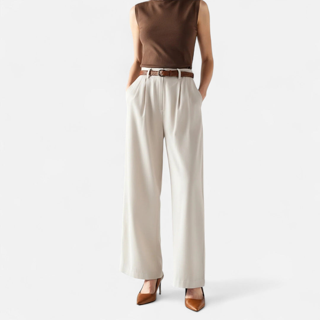 Women's Wide Leg Trousers with High Waist and Pleated Front