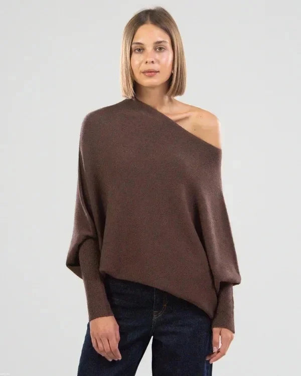 Women's Off Shoulder Knit Jumper with Relaxed Fit and Long Sleeves