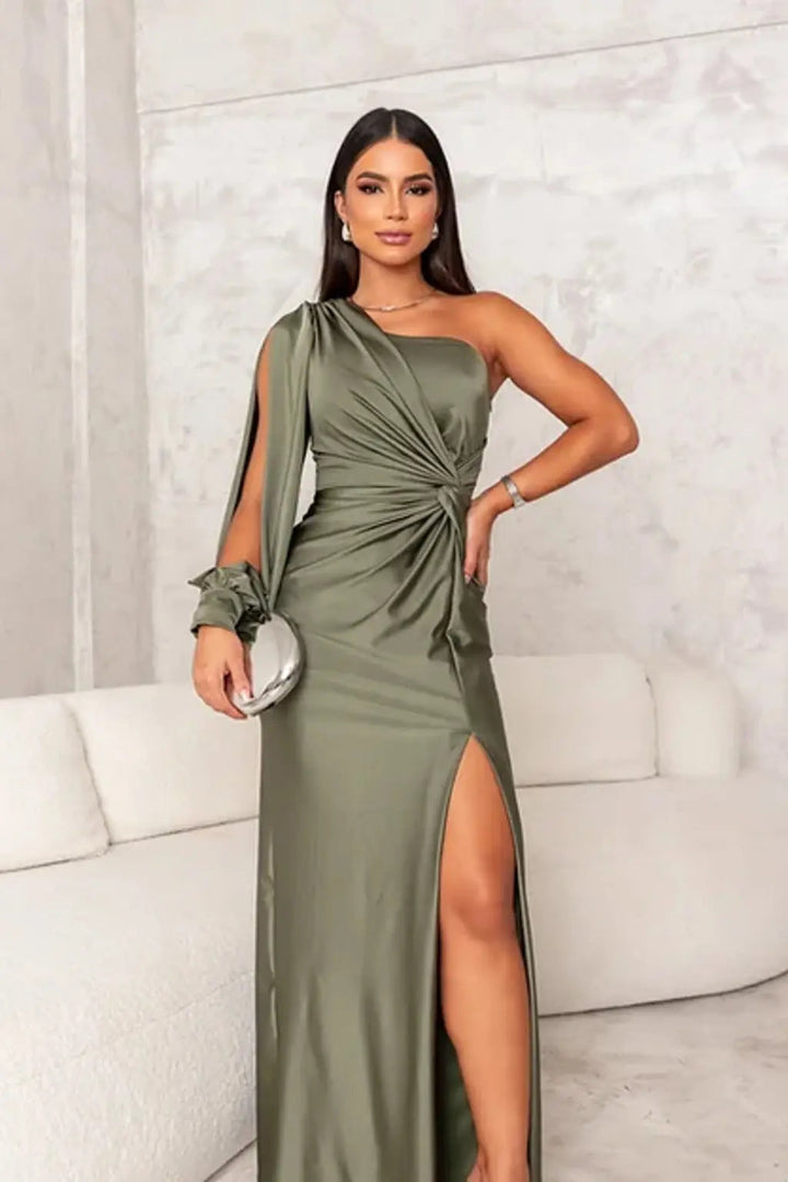 Women's One Shoulder Maxi Dress with Ruched Waist and Thigh Split
