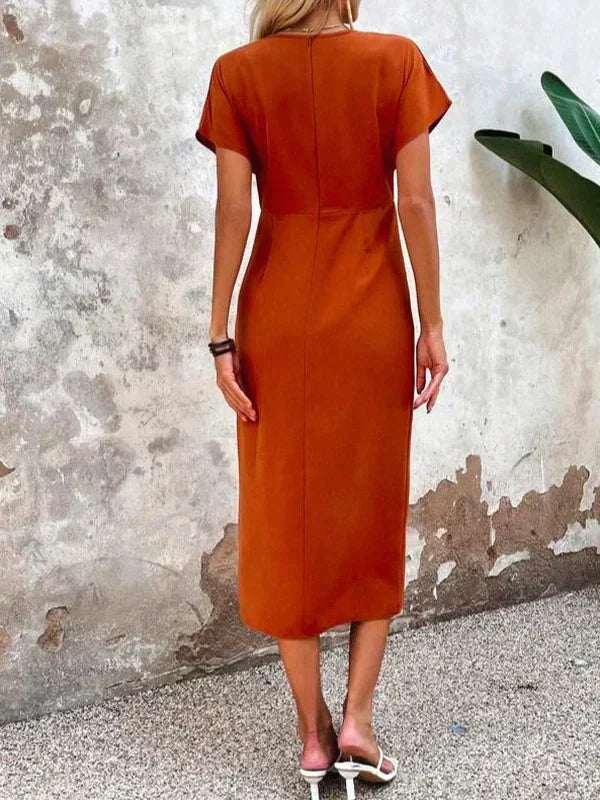 Women's Wrap Midi Dress with Collared Neck and Short Sleeves