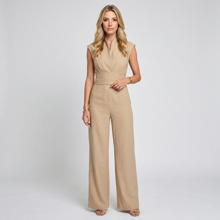 Women's Tailored Jumpsuit with Collared Neck and Wide Leg Design