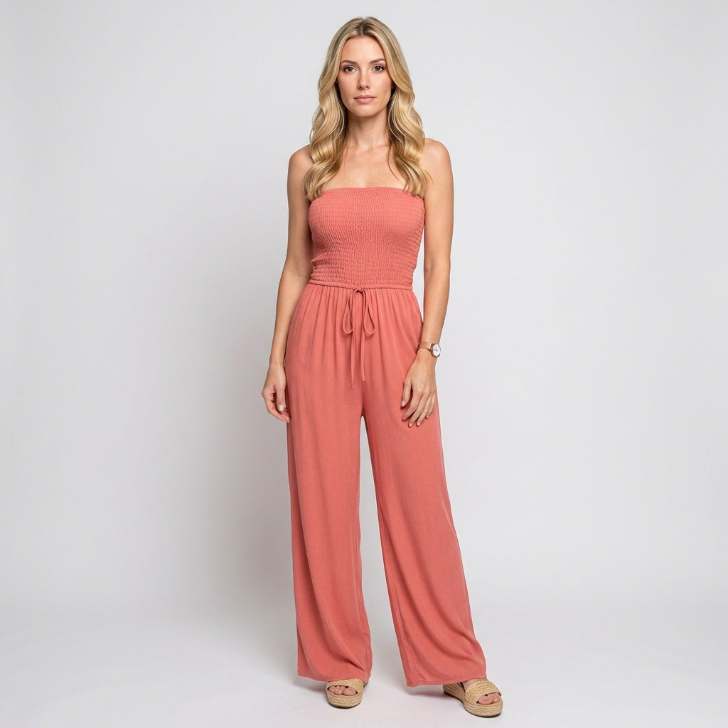 Women's Strapless Jumpsuit with Drawstring Waist and Wide Leg Design