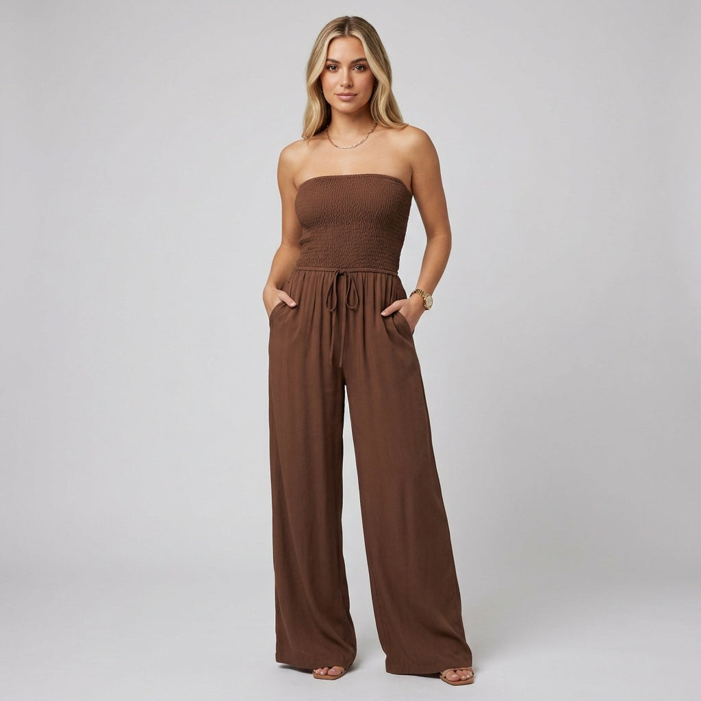 Women's Strapless Jumpsuit with Drawstring Waist and Wide Leg Design