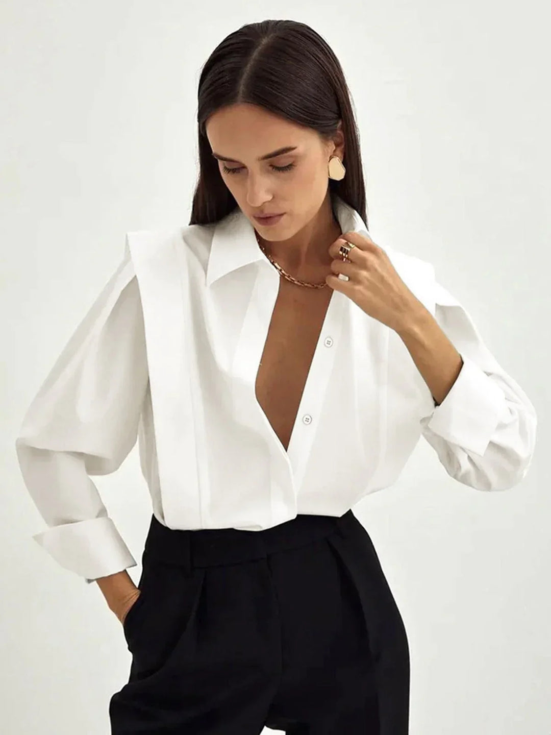 Women's Oversized Shirt Blouse with Long Sleeves and Button Front