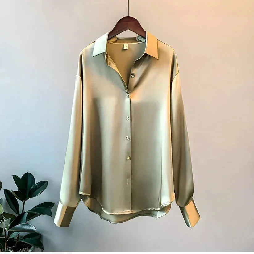 Women's Satin Shirt Blouse with Long Sleeves and Button Front