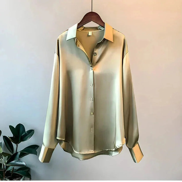 Women's Satin Shirt Blouse with Long Sleeves and Button Front