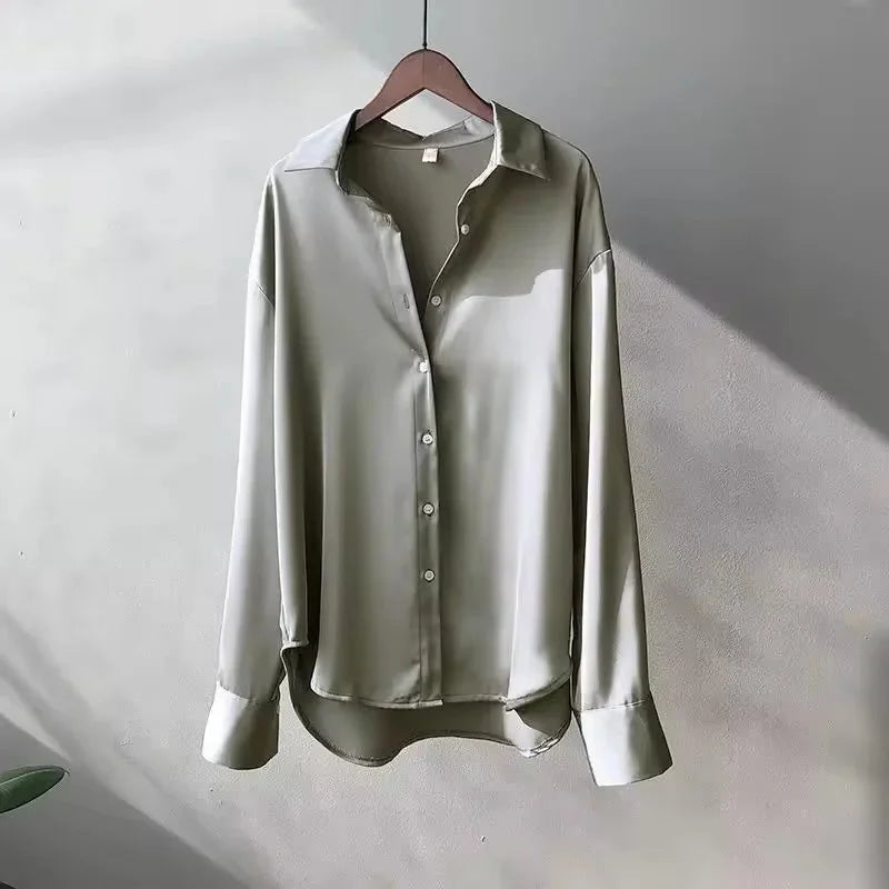 Women's Satin Shirt Blouse with Long Sleeves and Button Front