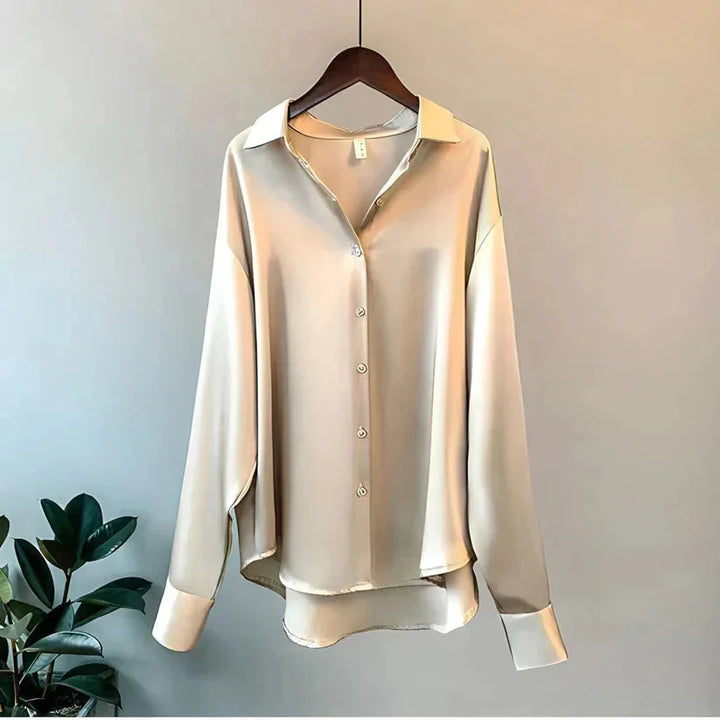 Women's Satin Shirt Blouse with Long Sleeves and Button Front