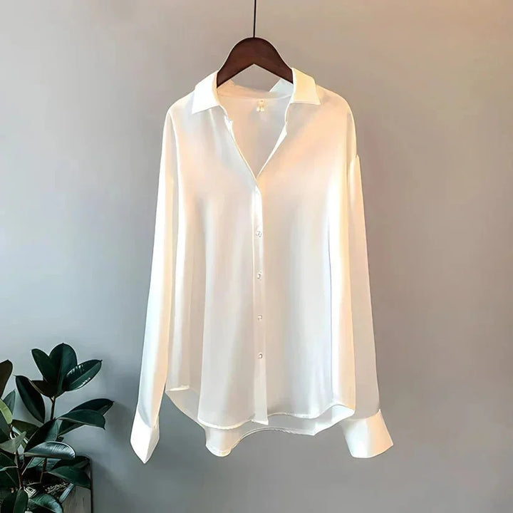 Women's Satin Shirt Blouse with Long Sleeves and Button Front