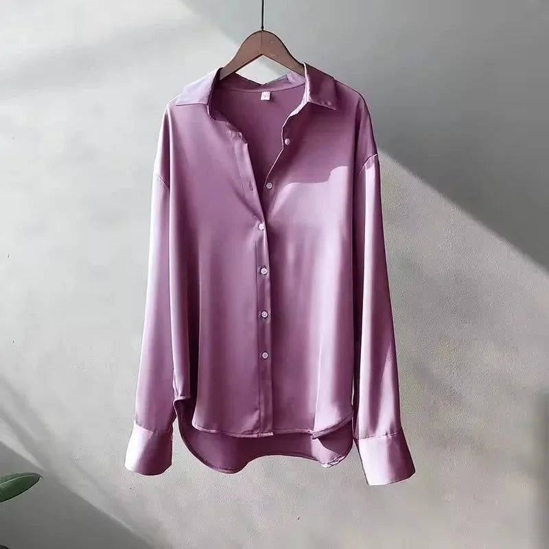Women's Satin Shirt Blouse with Long Sleeves and Button Front