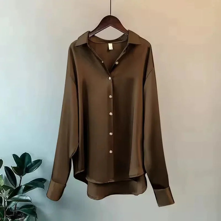 Women's Satin Shirt Blouse with Long Sleeves and Button Front