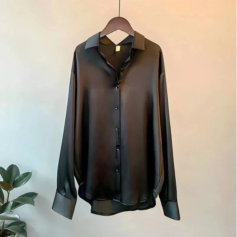 Women's Satin Shirt Blouse with Long Sleeves and Button Front