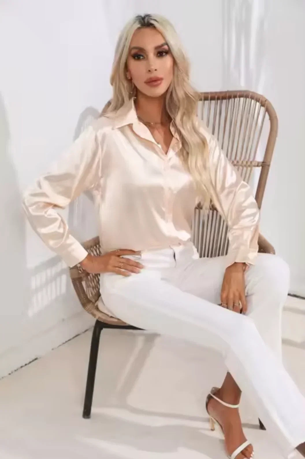 Women's Satin Blouse with Long Sleeves and Button Front