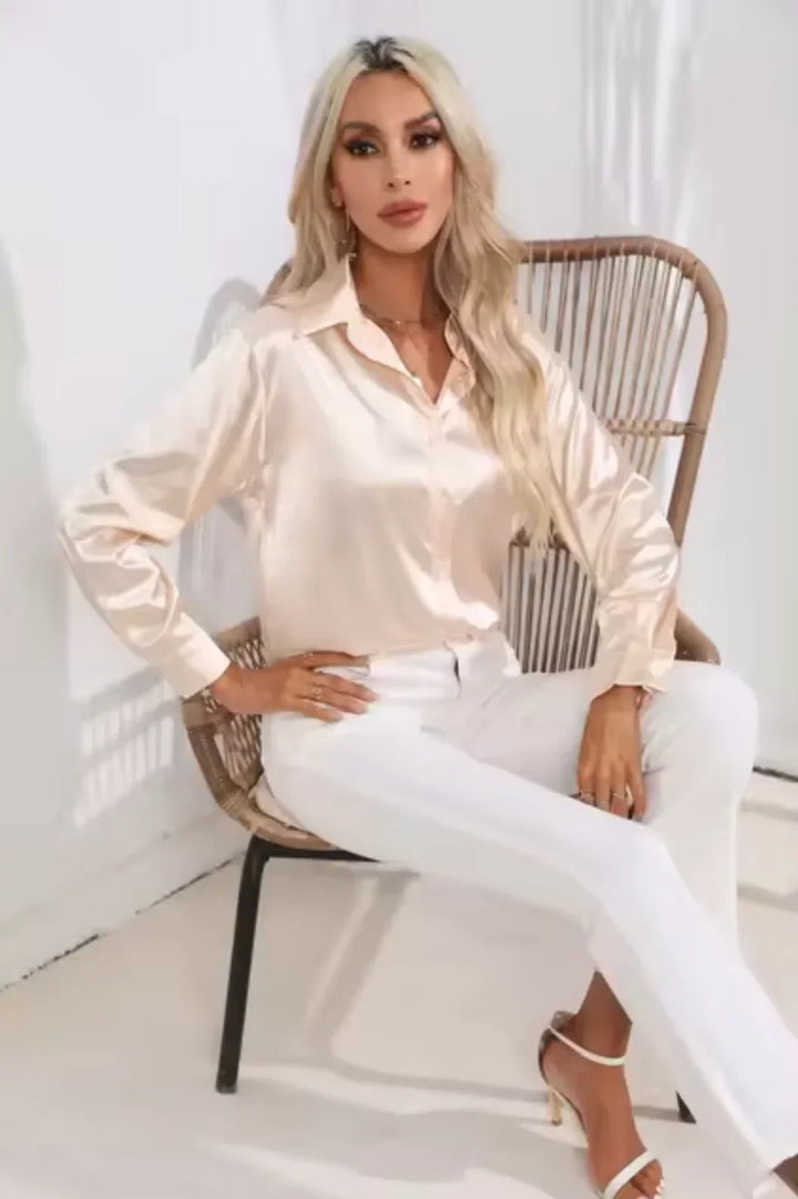 Women's Satin Blouse with Long Sleeves and Button Front