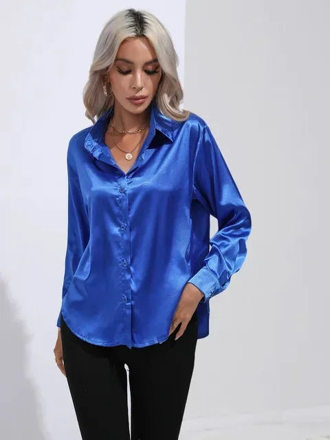 Women's Satin Blouse with Long Sleeves and Button Front