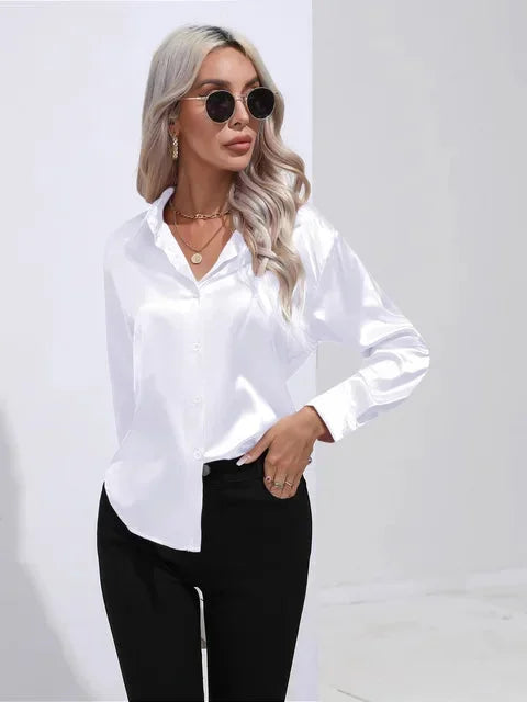 Women's Satin Blouse with Long Sleeves and Button Front