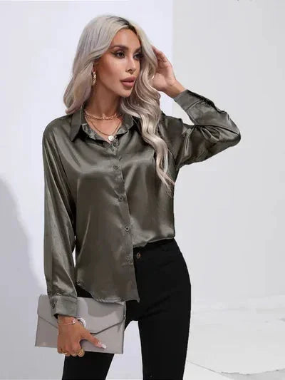 Women's Satin Blouse with Long Sleeves and Button Front