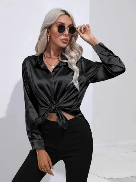 Women's Satin Blouse with Long Sleeves and Button Front