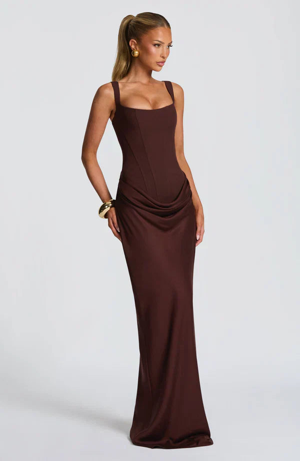 Women's Wedding Guest Bustier Maxi Dress with Square Neckline