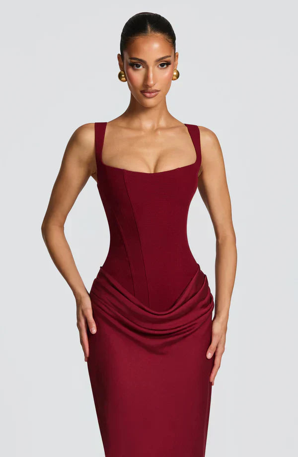 Women's Wedding Guest Bustier Maxi Dress with Square Neckline