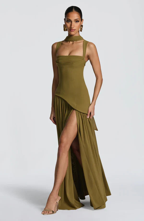 Women's Evening Maxi Dress with Strapless Neckline and Side Split