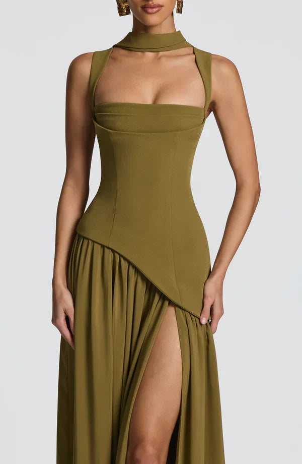 Women's Evening Maxi Dress with Strapless Neckline and Side Split