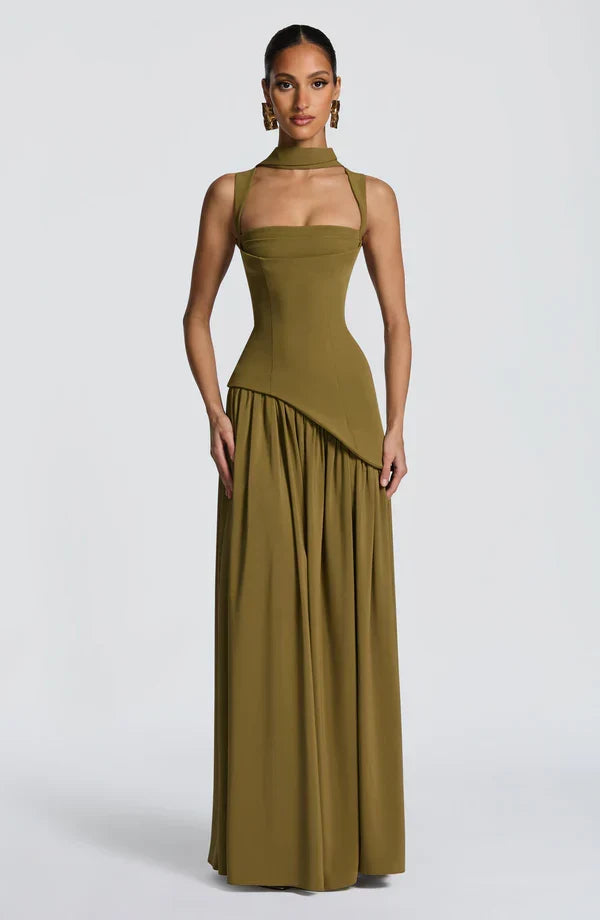Women's Evening Maxi Dress with Strapless Neckline and Side Split