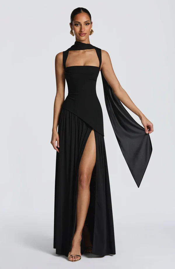 Women's Evening Maxi Dress with Strapless Neckline and Side Split