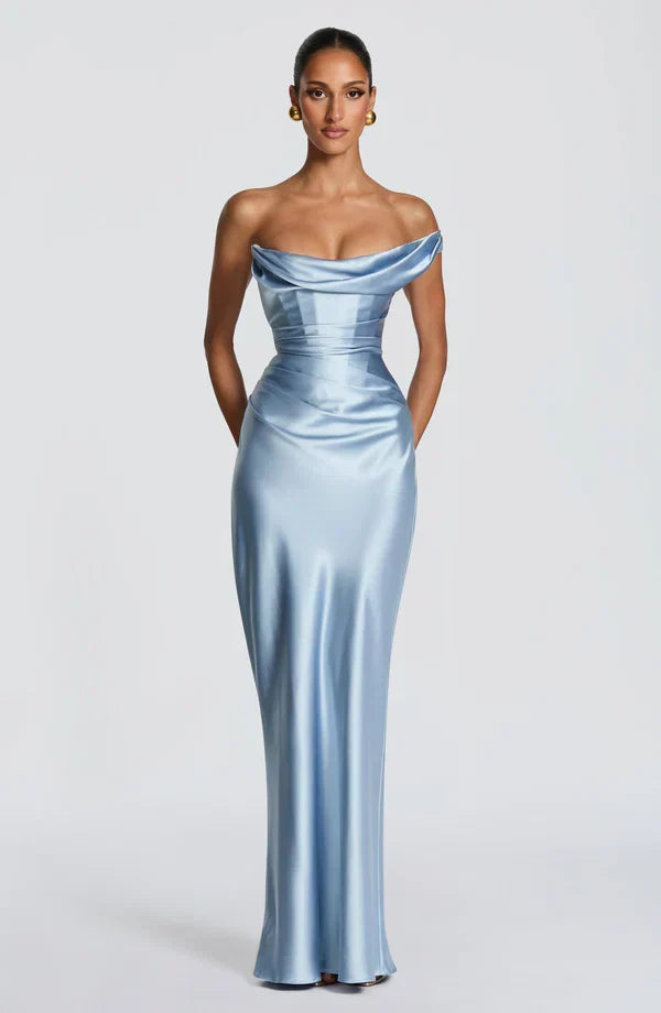 Women's Evening Maxi Dress with Off Shoulder Neckline and Satin Finish