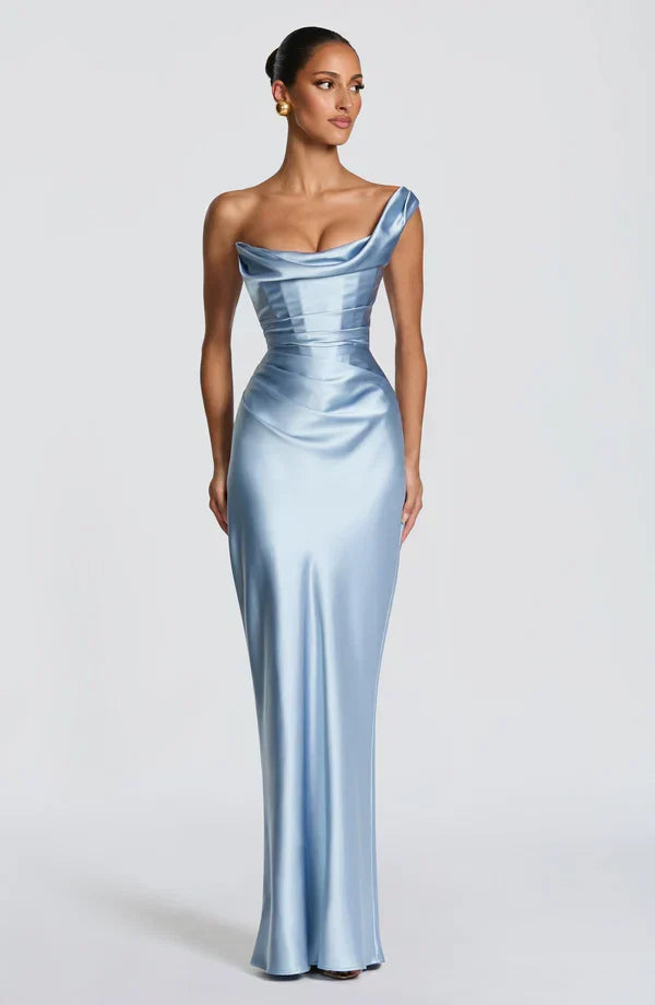 Women's Evening Maxi Dress with Off Shoulder Neckline and Satin Finish