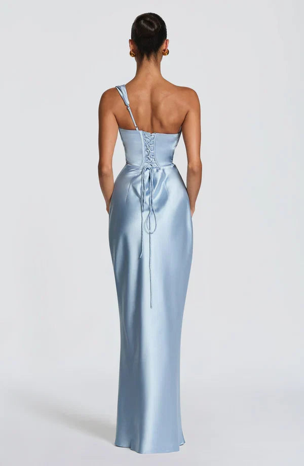 Women's Evening Maxi Dress with Off Shoulder Neckline and Satin Finish