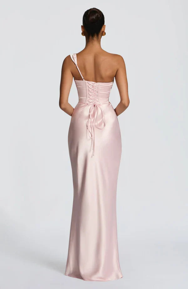 Women's Evening Maxi Dress with Off Shoulder Neckline and Satin Finish