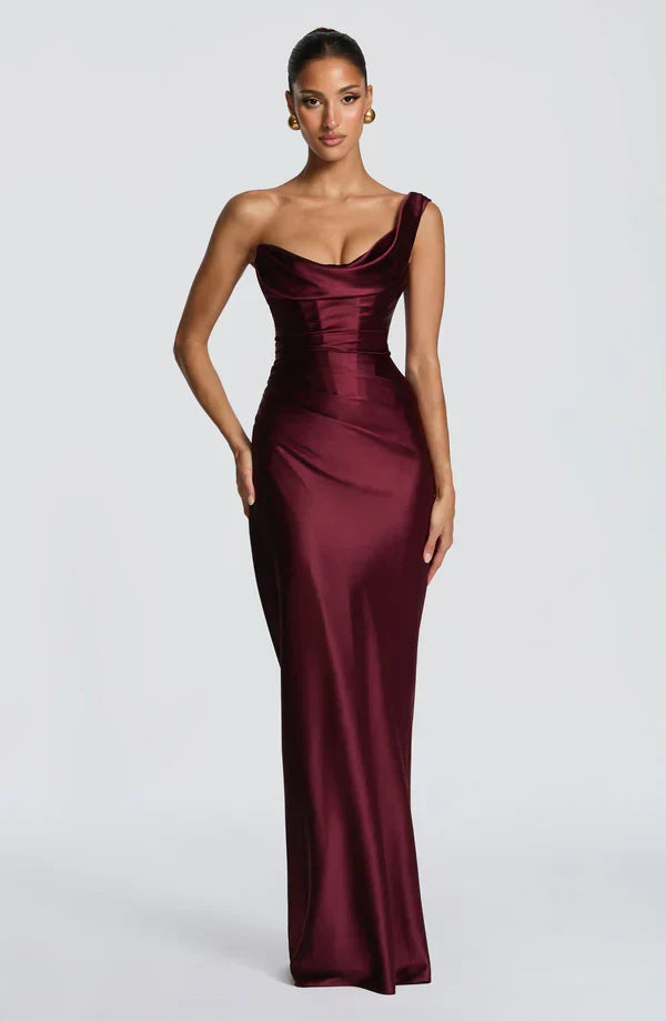 Women's Evening Maxi Dress with Off Shoulder Neckline and Satin Finish
