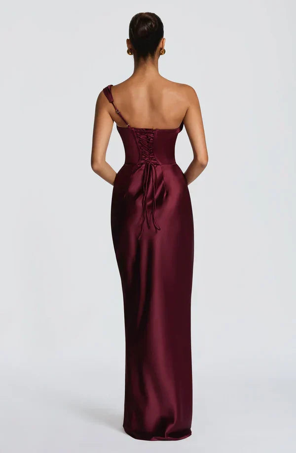 Women's Evening Maxi Dress with Off Shoulder Neckline and Satin Finish