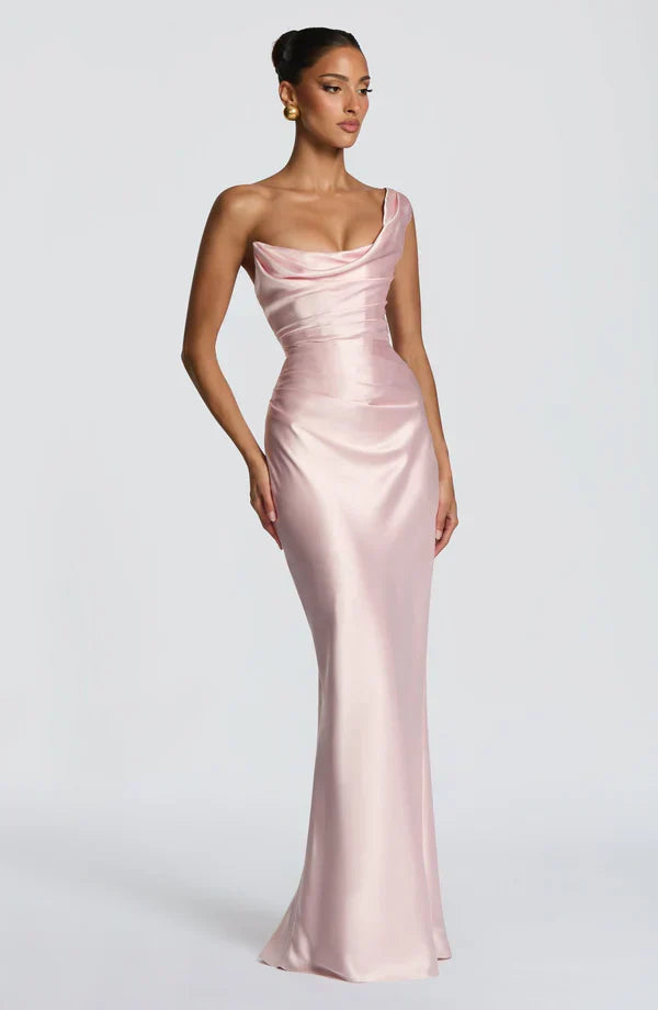 Women's Evening Maxi Dress with Off Shoulder Neckline and Satin Finish