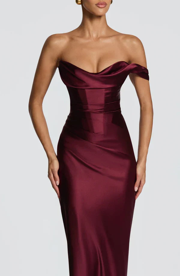 Women's Evening Maxi Dress with Off Shoulder Neckline and Satin Finish