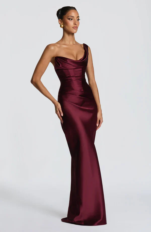 Women's Evening Maxi Dress with Off Shoulder Neckline and Satin Finish