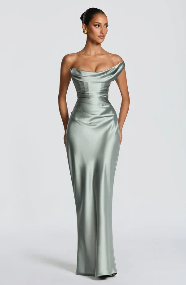 Women's Evening Maxi Dress with Off Shoulder Neckline and Satin Finish