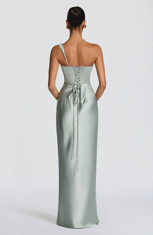 Women's Evening Maxi Dress with Off Shoulder Neckline and Satin Finish