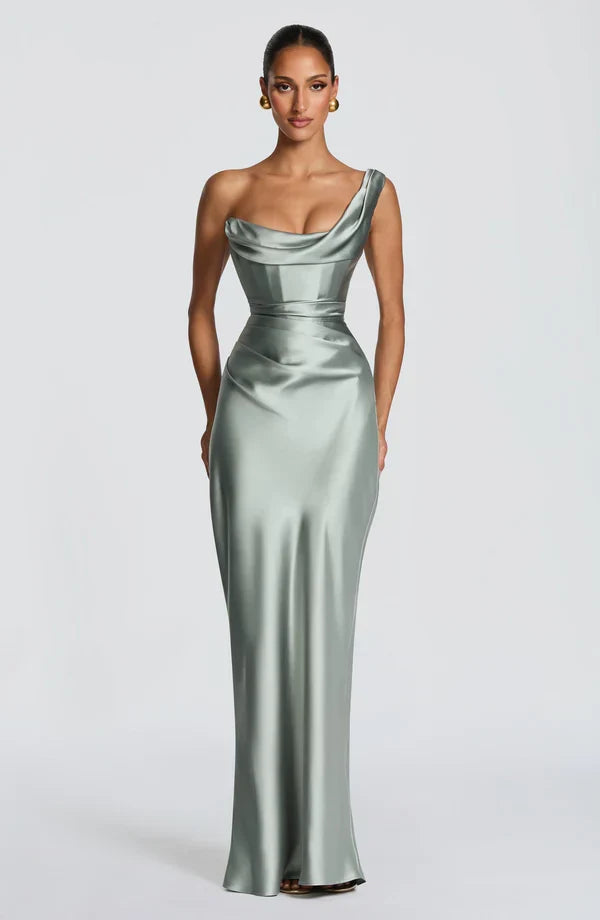 Women's Evening Maxi Dress with Off Shoulder Neckline and Satin Finish