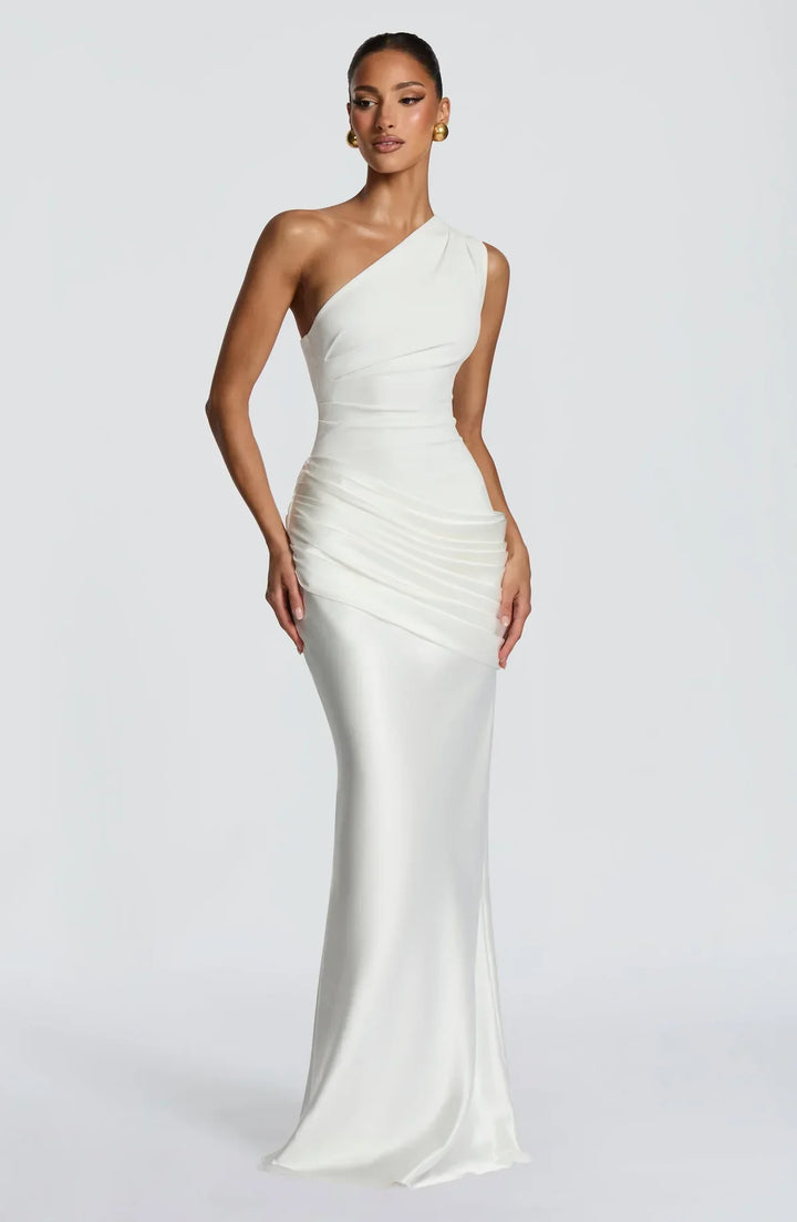Women's Evening Maxi Dress with One Shoulder and Ruched Detail