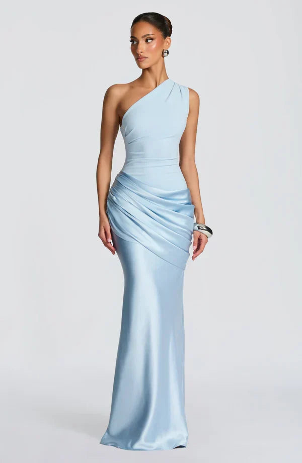 Women's Evening Maxi Dress with One Shoulder and Ruched Detail