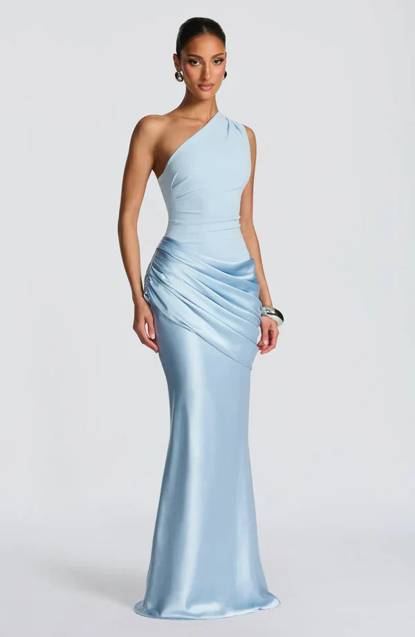 Women's Evening Maxi Dress with One Shoulder and Ruched Detail